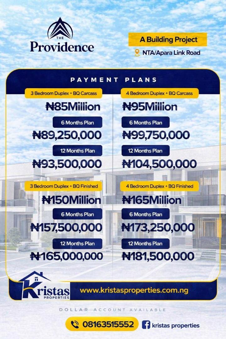 The Providence – Luxury 4 Bedroom Fully Detached Duplexes at NTA/Apara Link Road, Port Harcourt |